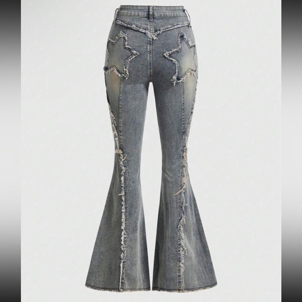 Star patchwork jeans medium wash blue distressed